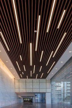 the entrance to an office building with wood slats on the ceiling and glass doors