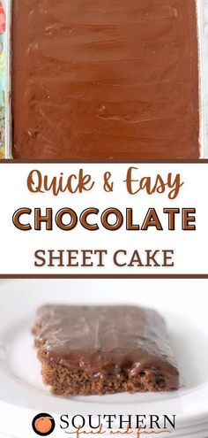 quick and easy chocolate sheet cake with frosting on the top, sitting on a white plate