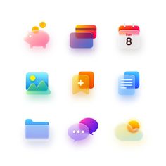 a set of colorful icons on a white background, including speech bubbles and other items