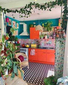 the kitchen is decorated in bright colors and has potted plants hanging from the ceiling