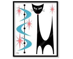 a black cat with stars and swirls on it's face is shown in the frame