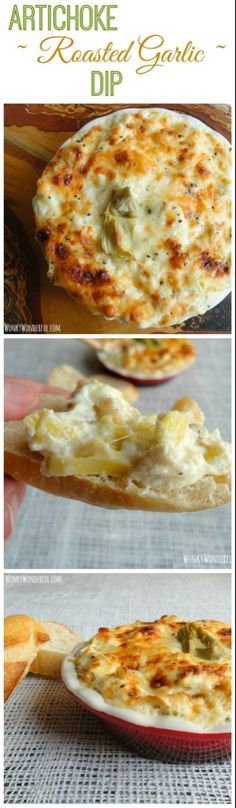 three different views of baked garlic dips and breadsticks on a table with text overlay that reads artichoke roasted garlic dip