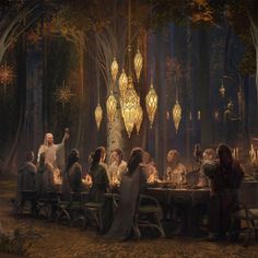 a group of people sitting around a table in the middle of a forest at night