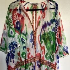 Never Used, Was Sitting In The Closet For A While. Casual Multicolor Boho Print Cover-up, Vibrant V-neck Blouse For Beach, Vibrant Summer Beach Blouse, Multicolor Print Beachwear Top For Summer, Summer Beachwear Tops In Multicolor Print, Summer Beachwear Tops With Multicolor Print, Green Boho Print Summer Blouse, Multicolor Tops For Brunch During Beach Season, Summer Patterned V-neck Blouse