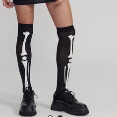 Over The Knee Skeleton Socks One Size Comfortable Stretchy Design Synthetic Materials Black Socks For Fall Streetwear, Black Fall Streetwear Socks, Black Fitted Knee-high Socks For Halloween, Papyrus Cosplay, Skeleton Socks, Goth Socks, Skeleton Tights, Weasley Sweater, Viking Pattern