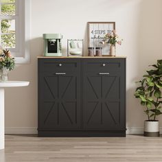 a black cabinet with two doors and some plants on top of it in front of a window