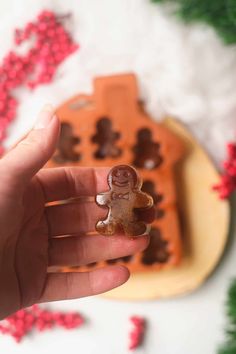 a hand holding a small teddy bear in front of a gingerbread house shaped like a christmas tree