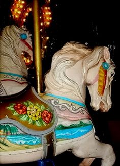 a merry go round horse with lights in the background