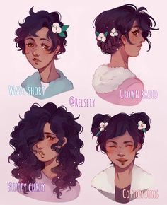 four different types of curly hair with flowers in their hair and the names below them