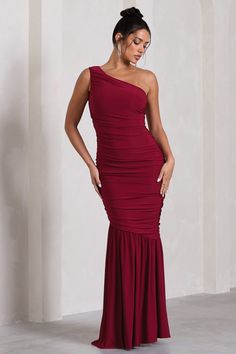 The Limelight Berry Asymmetric Ruched Fishtail Maxi Dress – Club L London - USA Ruched One Shoulder Floor-length Dress For Gala, Ruched One-shoulder Floor-length Dress For Gala, Floor-length Ruched One Shoulder Dress For Gala, One Shoulder Ruched Maxi Dress For Gala, One Shoulder Maxi Dress For Gala And Prom Season, One-shoulder Maxi Dress For Gala Prom Season, One Shoulder Maxi Dress For Gala During Prom Season, One-shoulder Ruched Maxi Dress For Gala, Fitted Maxi Length One Shoulder Prom Dress