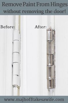 the before and after image shows how to remove paint from hinges without removing the door