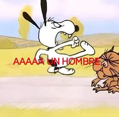 an animated image of a dog chasing another dog with the words aaaa un hombre on it