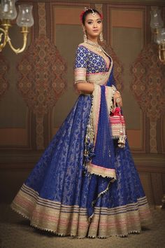 Electric blue cotton shimmer chanderi lehenga with attached cancan, abstract floral patterns, intricate gota, dori and badla work and rani pink broad border. Comes with padded, gota work blouse and lace border net dupatta. - Aza Fashions Badla Work, Chanderi Lehenga, Lehenga Pattern, Rani Pink, Gota Work, Blue Lehenga, Types Of Work, Net Dupatta, Lace Border