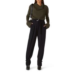 Black crepe (67% Polyester, 29% Viscose, 4% Elastane). Pants. Center front zipper closure with belt. Pockets. 37' from waist to hemline. Inseam: 28". Rise: 14". Leg opening: 18.5". Imported. Belted Straight Pants For Fall, Wide Leg Fall Pants With Belt Detail, Workwear Bottoms With Belt And Tapered Leg, Tapered Leg Workwear Bottoms With Belt, Modern Straight Leg Belted Pants, Belted Bottoms For Work In Fall, Office Pants With Belted Cuffs For Fall, Fall Workwear Pants With Belted Cuffs, Fall Office Pants With Belted Cuffs