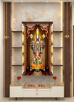 an image of a statue in the middle of a room that is decorated with gold and red flowers