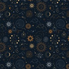 the sun, moon and stars are all drawn in gold on a dark blue background