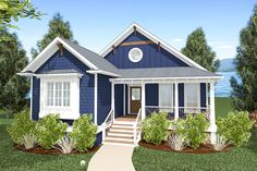 this is a computer rendering of a small blue house with porches and steps leading to the front door