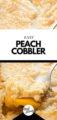 an easy peach cobbler recipe that is ready to be eaten with the help of a spoon