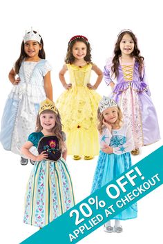 children's princess dresses in various colors and sizes