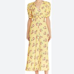 Elevate Your Wardrobe With This Stunning Lemon Floral V-Neck Dress By Jill Stuart. This Beautiful Dress Features Delightful Floral Patterns In Yellow With Short Puff Sleeves And A V-Neckline That Accentuates Your Curves. The Dress Is Made Of High-Quality Viscose Material And Has A Pleated, High-Waisted Flare Design That Will Make You Stand Out In Any Occasion. The Dress Is Perfect For Formal Events And Can Be Closed Using The Zipper At The Back. The Dress Is A Size 4 And Fits Regular Size Women. Yellow Knee-length Midi Dress For Daywear, Fitted Yellow V-neck Midi Dress, Yellow Floral Print V-neck Maxi Dress, Yellow Fitted V-neck Maxi Dress, Spring Yellow Maxi Dress For Daywear, Yellow Maxi Dress For Spring Daywear, Yellow Fitted Rayon Dress, Fitted Yellow Rayon Dress, Yellow Spring Maxi Dress For Daywear