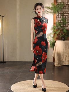 Elevate your wardrobe with this stunning Qipao/Cheongsam, a timeless symbol of elegance and grace. This dress features sleeveless design, a bold, red and black floral pattern that stands out against a dark backdrop, making it a perfect choice for special occasions or evening events. Size Guide: Size Bust(cm) Waist(cm) Hip(cm) Shoulder(cm) S 82 66 86 36 M 86 70 90 37 L 90 74 94 38 XL 94 78 98 39 2XL 98 82 102 40 3XL 102 86 106 41 Please refer to the size guide picture before placing the order. Pl Red Sleeveless Fitted Cheongsam, Red Fitted Sleeveless Cheongsam, Elegant Red Sleeveless Cheongsam, Elegant Sleeveless Red Cheongsam, Traditional Fitted Sleeveless Cheongsam, Traditional Black Dress With Floral Print, Traditional Black Floral Print Dress, Sleeveless Cheongsam, Black Cheongsam