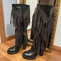 Fred Segal Feet Woman’s Platform Fringe High Boots Size 39 -9 Fringe Leather Platform Block Heel Made In Italy Western Black High Heel Knee-high Boots, Leather Fringe Boots With Closed Toe, Black Western Knee-high Boots For Party, Leather Pointed Toe Boots With Fringe, Western Style Leather Knee-high Boots For Party, Fred Segal, Platform Block Heels, Shoes Heels Boots, High Boots