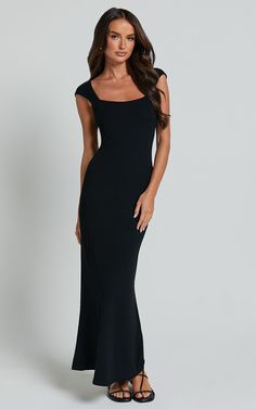 Cherell Midi Dress - Scoop Neck Cap Sleeve Tie Back Bodycon Dress in Black | Showpo USA Long Black Dress With Short Sleeves, Black Cap Sleeve Dress, Thick Strap Dress Formal, Cap Sleeve Maxi Dress, Formal Black Midi Dress, Black Formal Midi Dress, Semi Formal Dresses Long, Bridesmaids Outfits, Midi Wedding Guest Dress