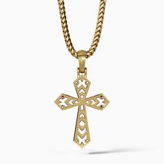 a modern mens gold cross necklace hangs from a chain Men's Gold Cross Necklace, Gold Cross Necklace Long Man, Cheap Gold Men's Cross Necklace, Gold Pendants For Men, Men’s Crucifix Necklace, Gold Cross Necklace Mens Jewelry1000.com, Wolves Pendants, Cross Chain, Christian Symbols