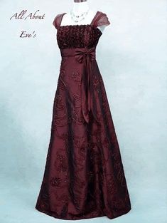 burgundy, satin, embroidery, floral, full-length, empire waist, cap sleeves, bow detail, romantic, classic, evening, elegant, timeless, regal. 1910s Dresses Formal, Regency Prom Dress, Masquerade Dress Ideas, Empire Waist Prom Dress, Masquerade Prom Dress, Masquerade Ball Dresses, Masquerade Dress, Dream Prom Dress, Prom Dress Inspo