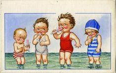 three children standing in the water with one holding a toothbrush and another brushing his teeth