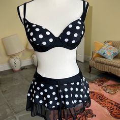 Retro Style Three Piece Bikini Never Worn Polka Dot Fitted Swimwear, Fitted Polka Dot Swimwear, Lined Black Swim Skirt For The Beach, Lined Black Swim Skirt For Beach, Fitted Polka Dot Beachwear Swimwear, Fitted Polka Dot Tankini For Beach, Poolside Fitted Polka Dot Tankini, Polka Dot Fitted Tankini For Poolside, Polka Dot Fitted Tankini For Vacation