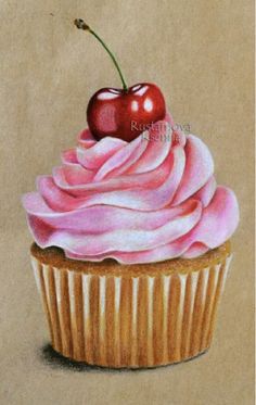 a drawing of a cupcake with pink frosting and a cherries on top