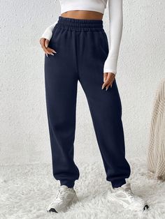 Navy Blue  Collar  Knitted Fabric Plain Jogger Embellished Slight Stretch  Women Clothing Reggaeton Dance, Deep Winter Palette, Navy Joggers, Jogging Outfit, Winter Palette, Women Sweatpants, Dark Blue Pants, Blue Sweatpants, Blue Joggers