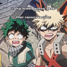 two anime characters with caption that reads, i ship middle school black their cannon reaction