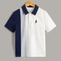 Navy, Gray, And White Size: 11-12y White Casual Tops For School, Casual White Tops For School, White Short Sleeve Shirt For School, Casual White School Shirt, Casual White Shirt For School, Shein Shirts, Dino Shirt, Grey Polo Shirt, White Polo Shirt