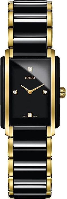 Model # R32121155 Rado Integral Diamonds Women's Dress Watch Store Display Model (What's This?) - With Manufacturer Serial Numbers - Swiss Made - Black Dial - Diamond Hour Markers - High-Tech Black Ceramic Bezel with Gold Plated Stainless Steel - Battery Operated Quartz Movement - 3 Year Warranty - Guaranteed Authentic - Certificate of Authenticity - Black Mahogany Gift Box & E-Manual (will be sent by email) - High-tech Black Ceramic Case - High-tech Black Ceramic with Gold Plated Stainless Steel Bracelet - Scratch Resistant Sapphire Crystal with Anti-Reflective Coating - 50 Meters / 165 Feet Water-Resistant - 22.7mm = 7/8" Case, 6" Adjustable Bracelet - Case Weight: 74g - Case Thickness: 6.5mm - Case Shape: Rectangle - Fixed Bezel - Push & Pull Crown - Gold Plated Stainless Steel Solid Ca Quartz Dress, Swiss Automatic Watches, Yellow Watches, Ladies Dress Watches, Ceramic Watch, Rubber Watches, Womens Watches Luxury, Women Diamond, Dress Watch