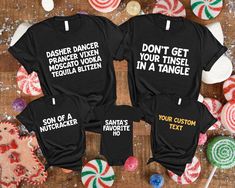 Get ready for the holiday season with our custom Christmas quotes shirts! These delightful Christmas quotes tees offer a fun and stylish way to showcase your holiday spirit, whether at a family gathering or a Christmas party. Made from comfortable materials, our funny Christmas tees are perfect for matching family tees or group tees, making it easy to coordinate with loved ones. Choose from a variety of designs, including our popular "most likely to" shirt and "dear Santa" shirts, to add some laughter to your Christmas pajamas or sweatshirts. Celebrate the season in style with these charming Xmas family shirts that everyone will love! - Superior quality, supple, cozy, and fashionable t-shirts and sweatshirts! We expertly apply the designs on the objects using a heat press after preparing t Customizable Short Sleeve Christmas Tops, Casual Customizable Christmas Tops, Casual Christmas Tops With Customizable Details, Casual Customizable Tops For Christmas, Customizable Christmas Gift Tops, Customizable Christmas T-shirt, Christmas Gift Tops With Funny Text, Funny Text Top For Christmas Gift, Christmas Funny Text Top As Gift