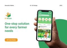 a hand holding an iphone with the text, one - stop solution for every farmer needs