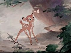 a painting of a fawn in the woods with trees and birds flying around it