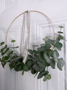 a wreath with green leaves hanging on the front door