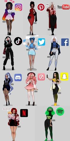 an image of many different people in various outfits and hair styles, with social icons on them