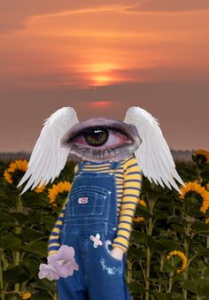 a doll with wings standing in a field of sunflowers and looking at the camera