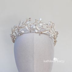 Iridescent opalescent floral leaf crown wedding tiara - color and finish options to order STYLE: Blythe Gold Bridal Crowns, Bridal Crown Tiara, Crown Ideas, Bridal Cuff, Fantasy Garden, Gold Bridal Necklace, Leaf Crown, Crystal Pearl Earrings, Wedding Cuff