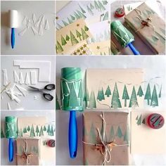 several pictures of christmas trees and wrapping paper