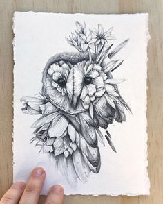 a drawing of an owl with flowers on it's head is being held up