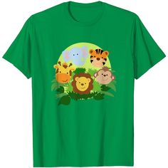 Jungle Animals T Shirt Green Novelty Crew Neck T-shirt, Green Crew Neck Novelty T-shirt, Funny Green Cartoon Print T-shirt, Green Funny Cartoon Print T-shirt, Novelty Cartoon Print Crew Neck T-shirt, Novelty Cartoon Print Short Sleeve T-shirt, Green Novelty T-shirt With Graphic Print, Novelty Short Sleeve T-shirt With Cartoon Print, Novelty T-shirt With Character Print And Short Sleeves