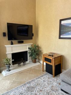 a living room with a fireplace and television