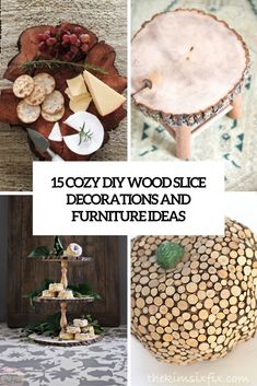 various pictures with different types of furniture and decorations on them, including wood slice trays