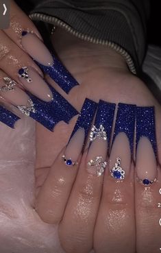 Royal Blue Prom Nails, Royal Blue Nails Designs, Blue Wedding Nails Royal Blue Prom Nails, Blue Prom Nails, Quince Nails, Blue And Silver Nails, Quinceanera Nails, Royal Blue Nails, Dark Blue Nails, Navy Blue Nails, Blue Acrylic Nails