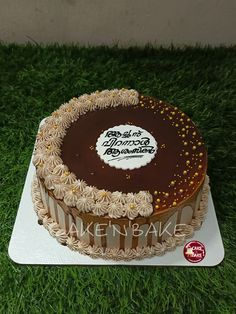 a large chocolate cake sitting on top of a green grass covered field with white frosting